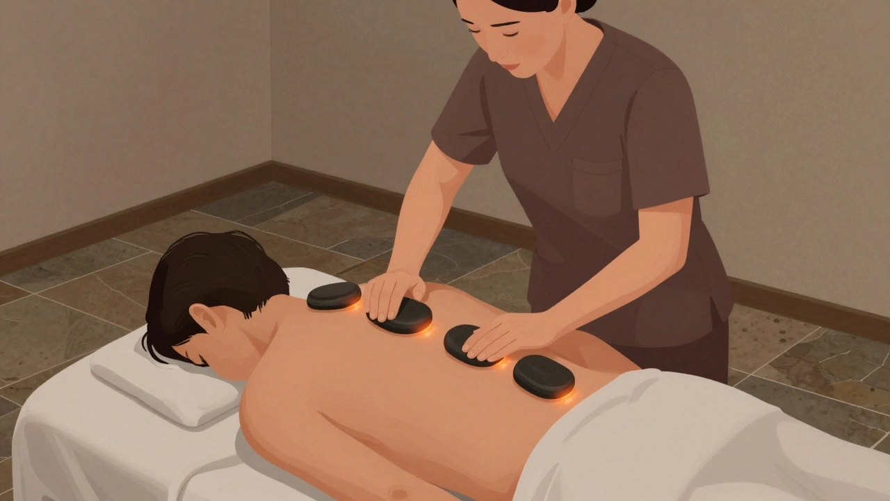 A massage therapist carefully applying heated stones to a client's shoulders in a quiet, minimalist spa room.