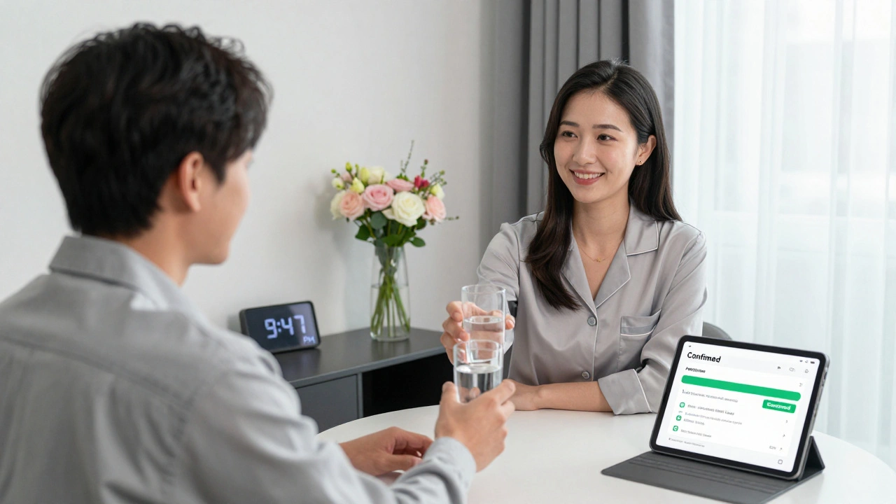 A professional woman and client sharing a quiet moment after a session, with a verified review visible on a tablet.