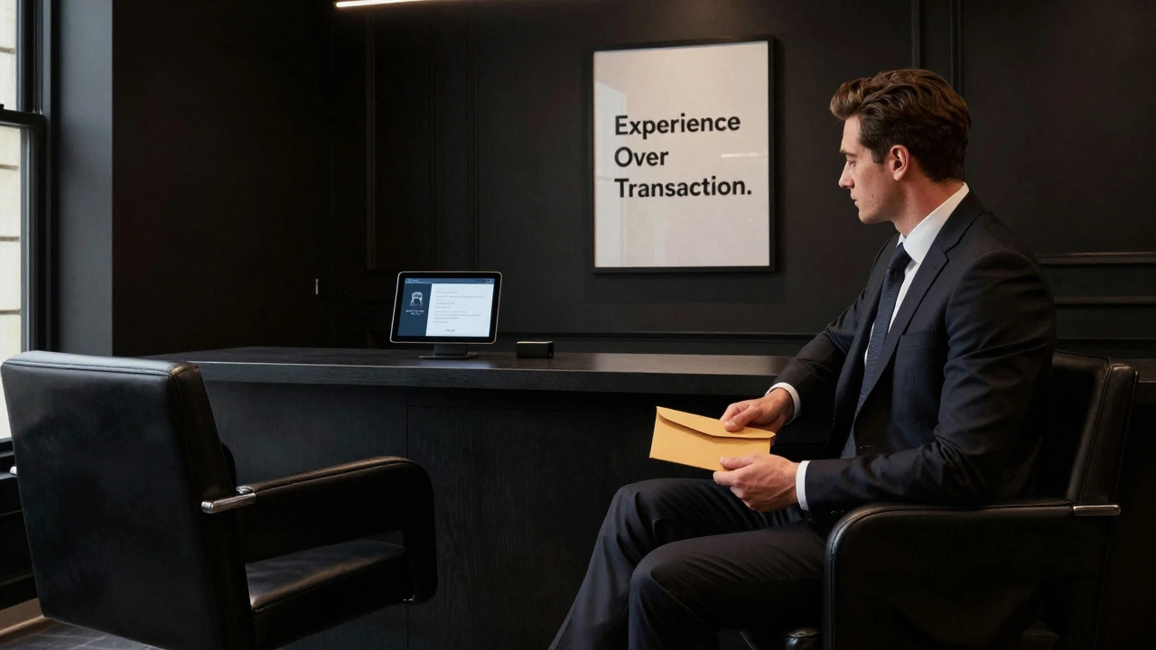 A sleek, upscale escort agency office with minimal decor and a client waiting for an exclusive appointment.