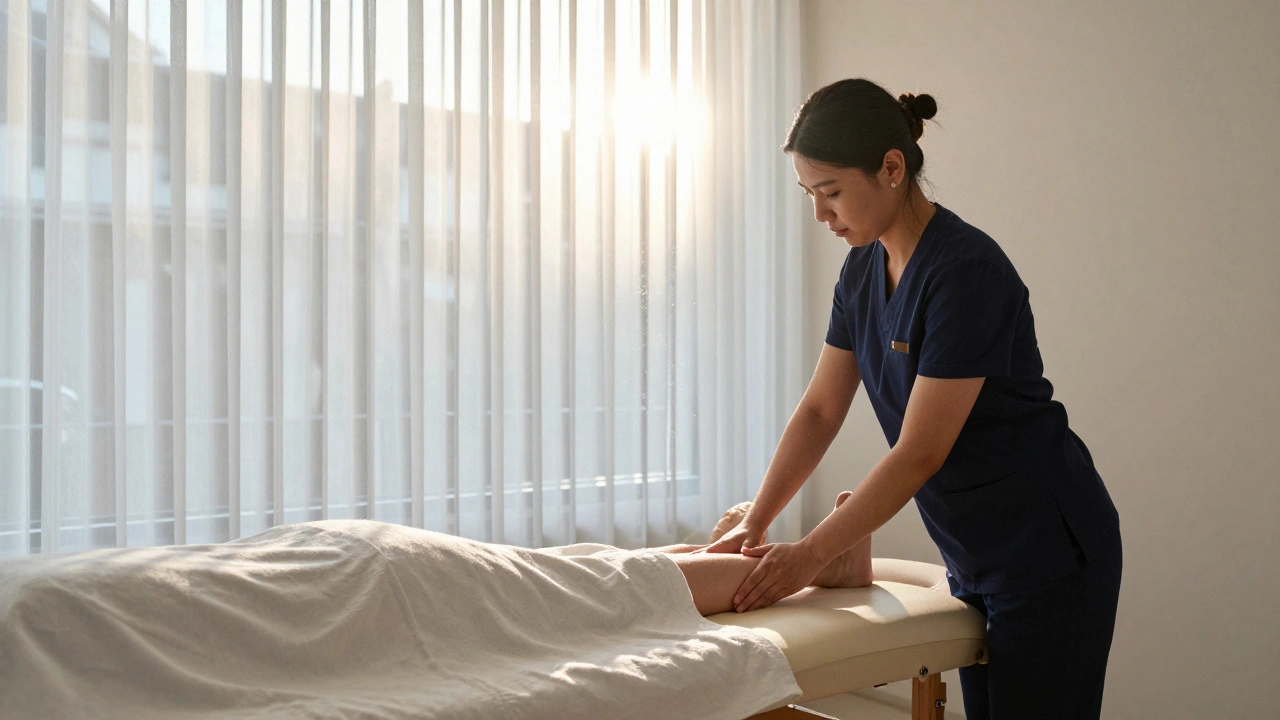A therapist uses precise, rhythmic hands to work along a client's inner thigh, fully draped, in a sunlit, elegant therapy room with no distractions.