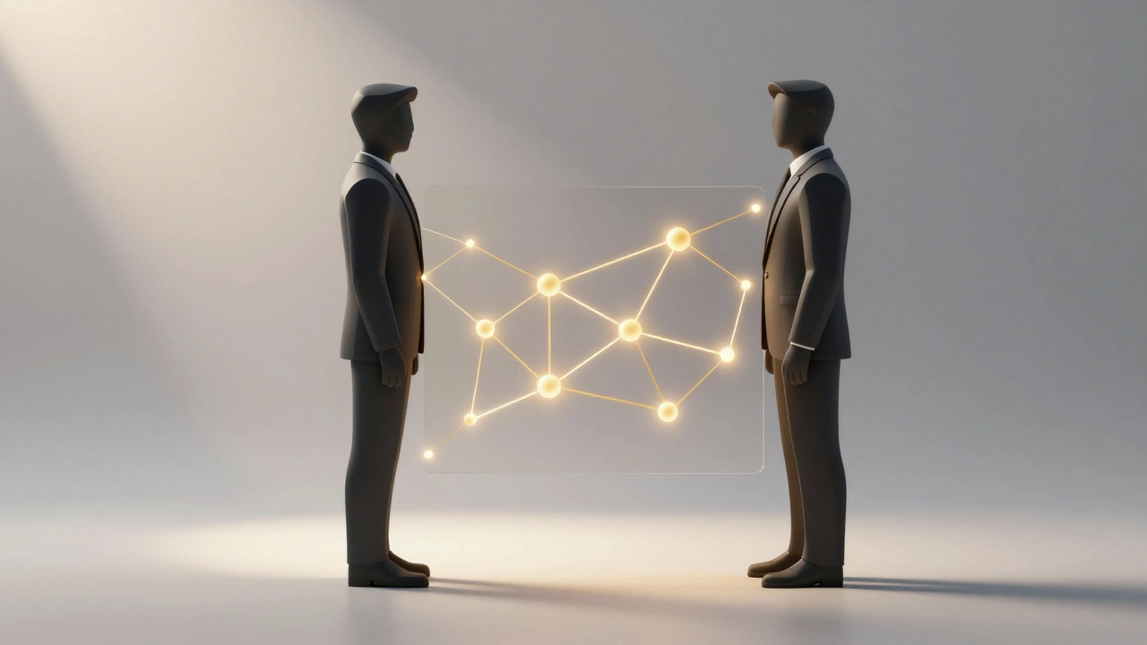 Abstract illustration of two figures connected by golden light barriers.