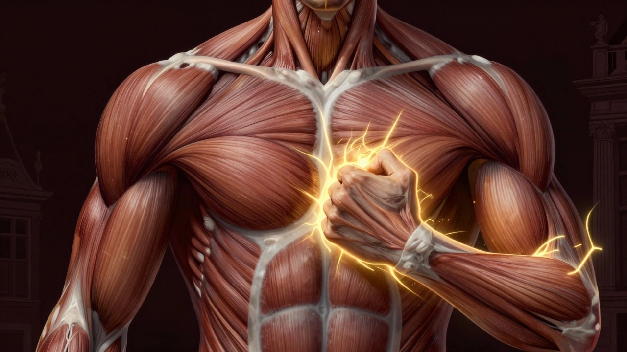 An artistic depiction of tense muscle layers being released by skilled hands with glowing energy.