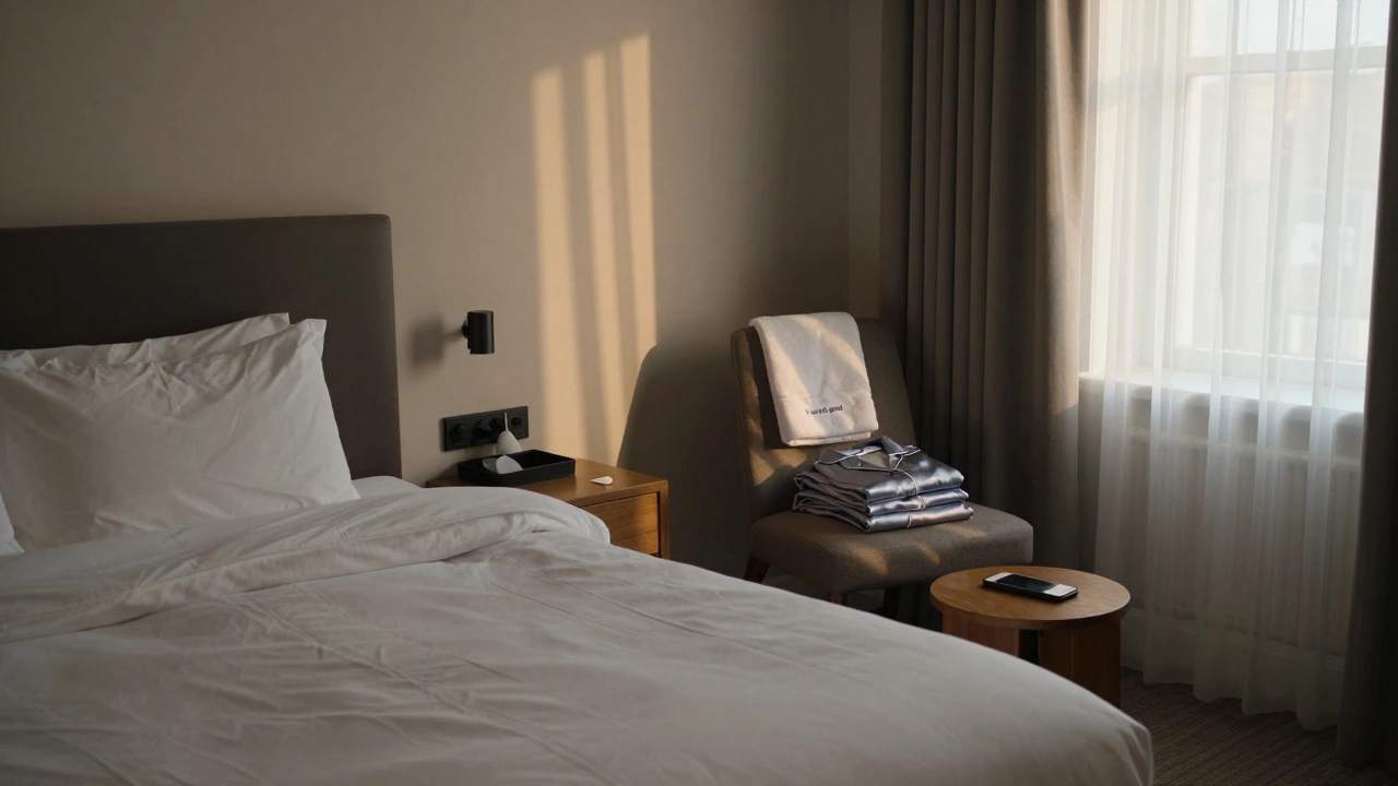 An empty luxury hotel suite at dawn, a folded silk pajama set and towel left behind, conveying quiet human connection without people.