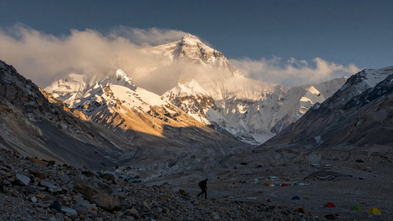Climbers on snowy Karakoram peaks at golden hour