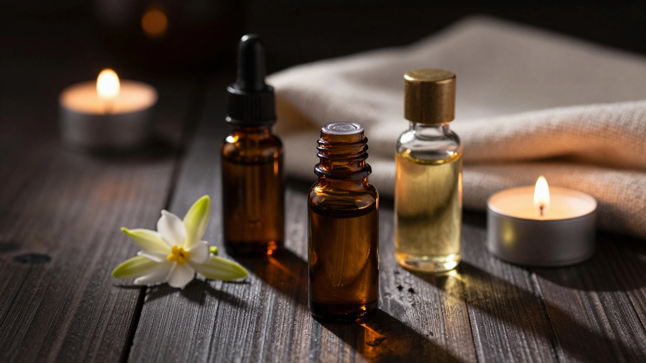 Essential oil bottles and candles on a dark velvet surface.