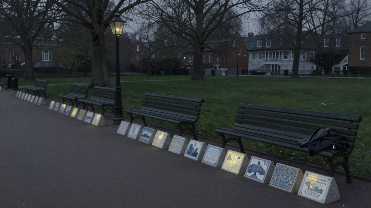 Faintly glowing memorial tiles in Postman’s Park under twilight, empty benches beneath quiet trees.