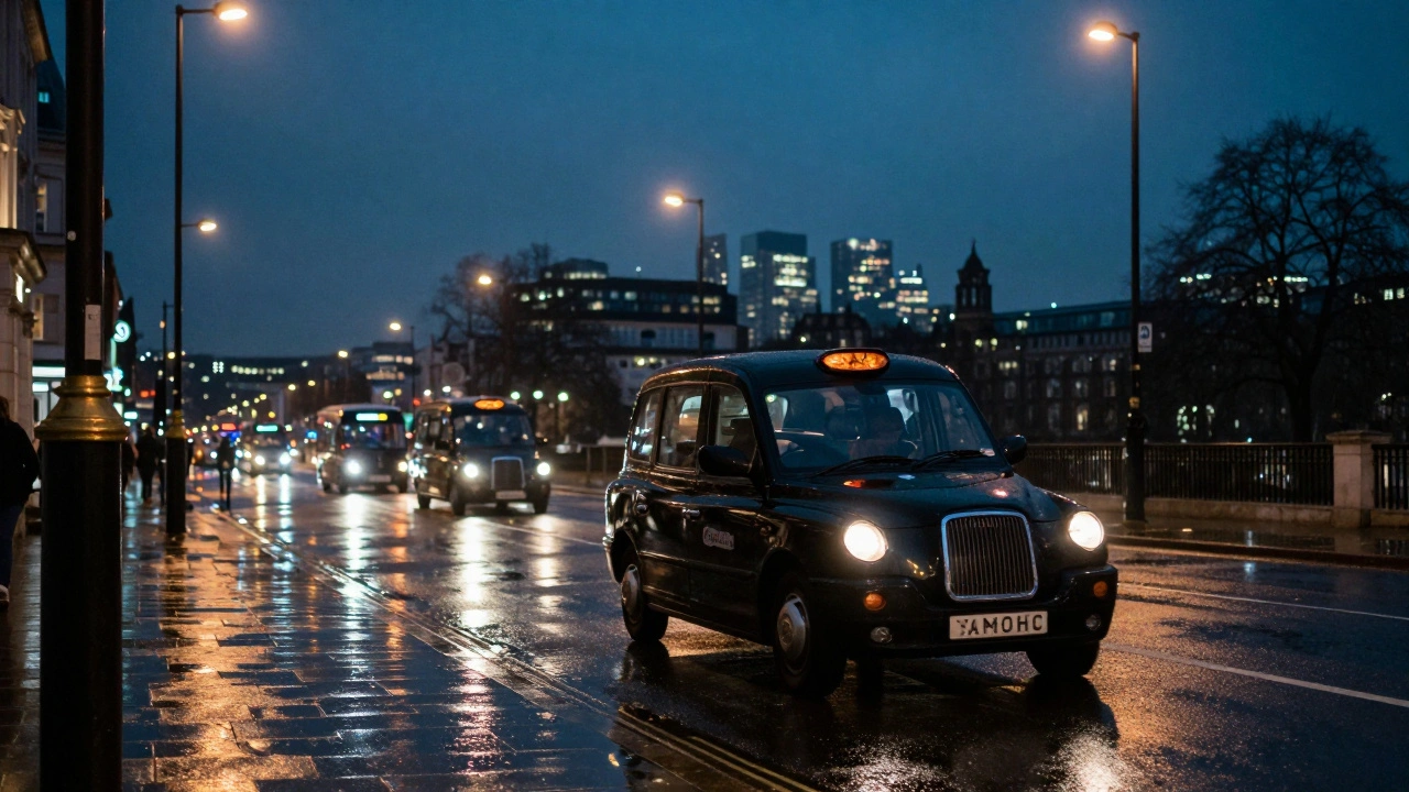 London black taxi on a wet street at night with neon lights.