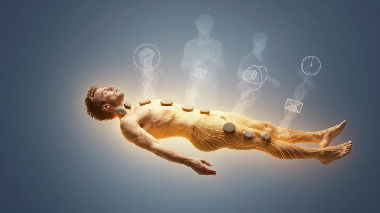 Man in deep relaxation as heat waves radiate from stones, stress symbols dissolving into smoke around him.