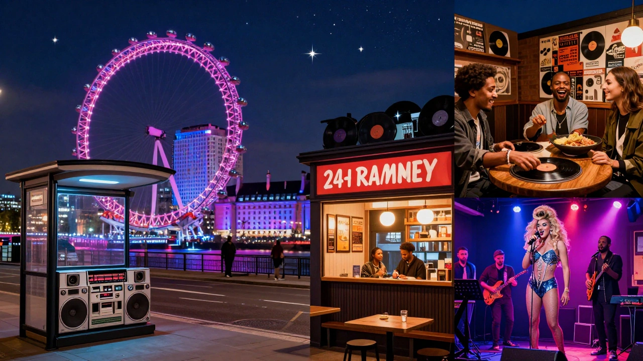 Modern London nightlife blending Brixton sound systems, Hackney ramen bars, and Camden drag shows under city lights.