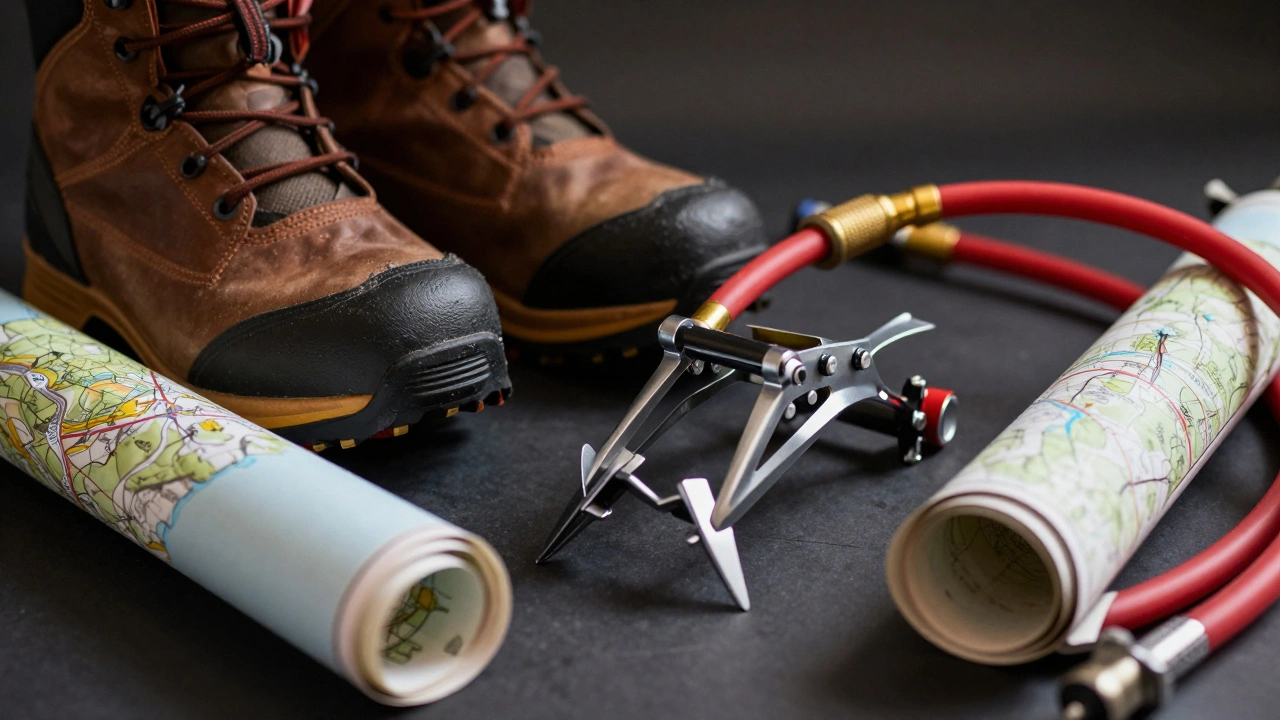 Mountaineering gear including crampons and boots closeup