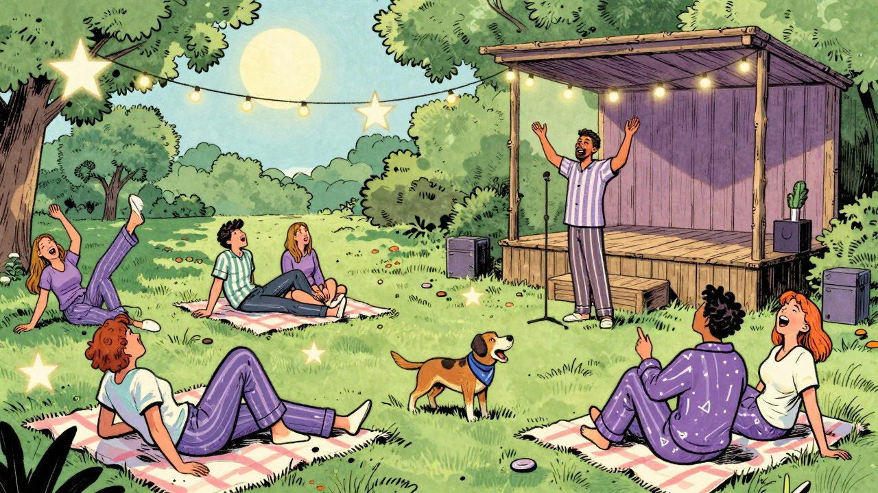 People enjoying comedy under the stars on Hampstead Heath, blankets, a dog in a bandana, and a small wooden stage.