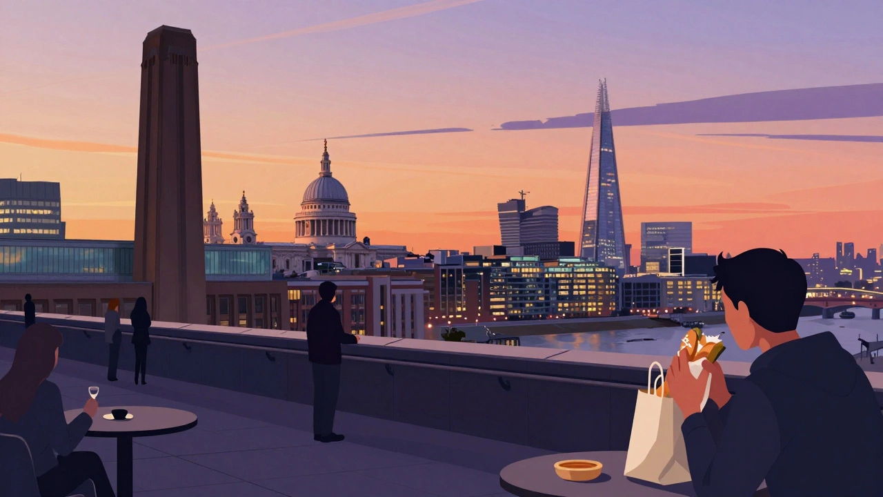 People enjoying the sunset view from Tate Modern's rooftop terrace with the Thames and city skyline behind.