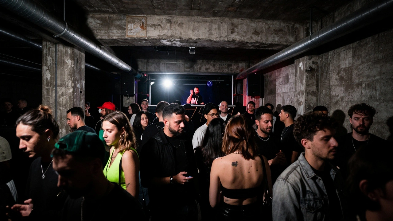 People partying in an industrial warehouse club space.
