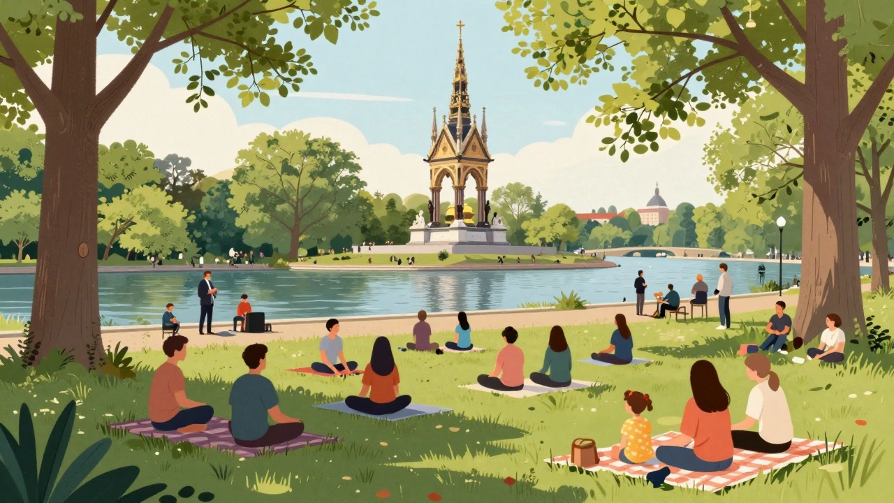 People relax in Hyde Park—yoga, music, and picnics under trees near the Albert Memorial.