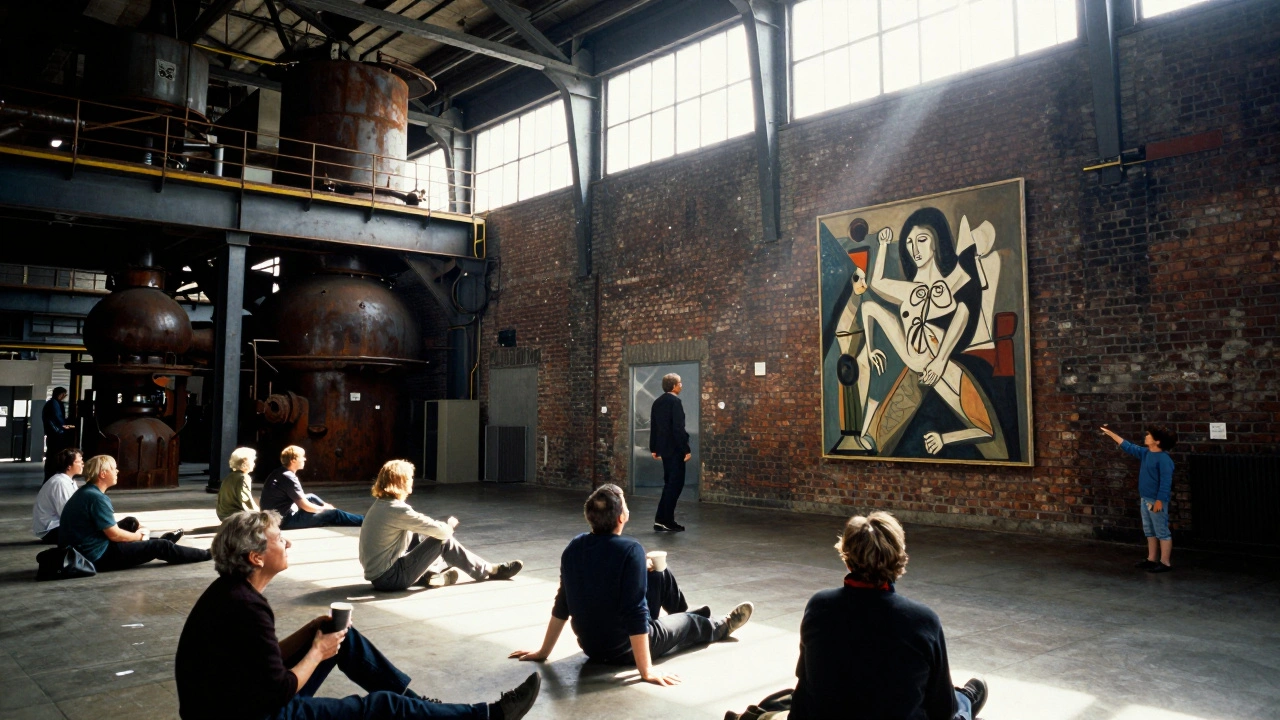 People relaxing in Tate Modern's Turbine Hall, surrounded by industrial architecture and modern art.
