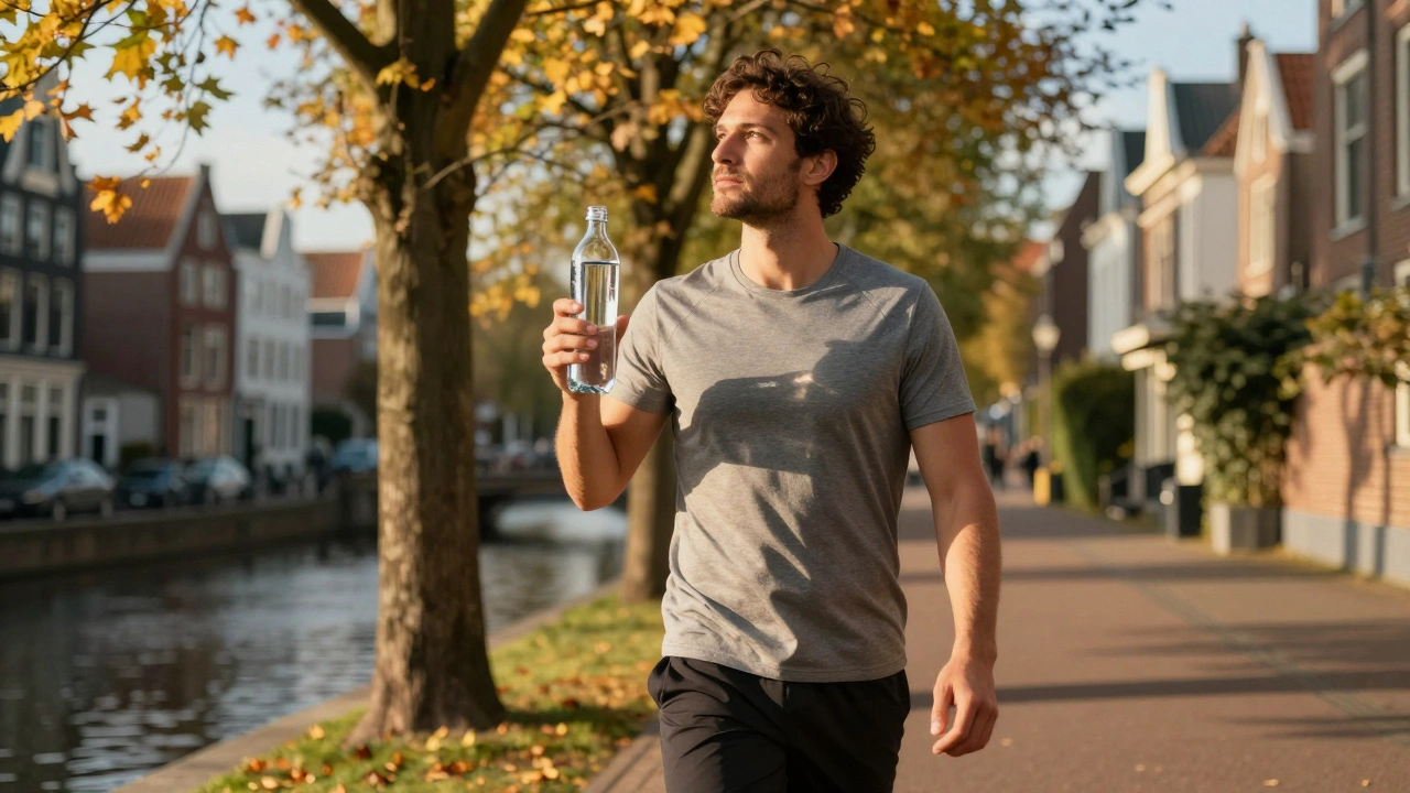 Person walking outside with water bottle after therapy
