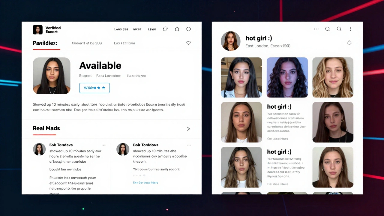 Side-by-side comparison of a verified escort profile versus a fake one on a digital screen.