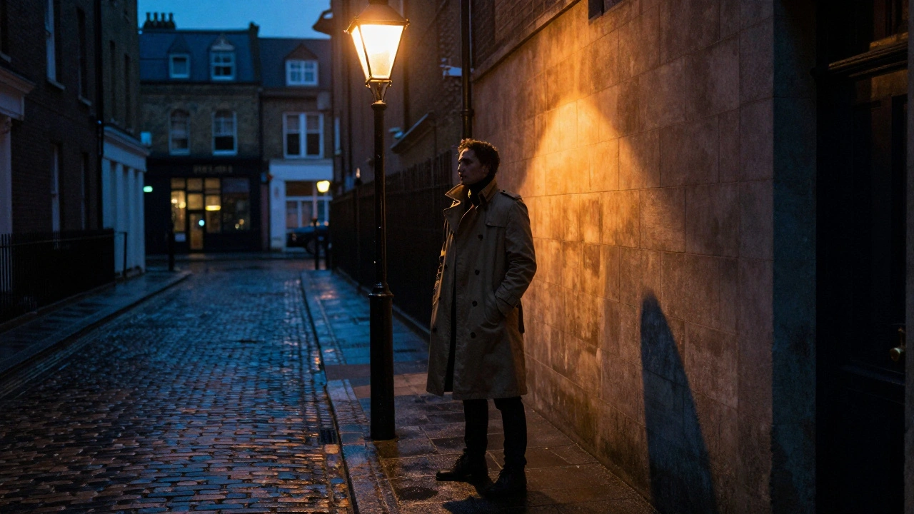 Solitary figure standing under a street lamp in a rainy city alley.
