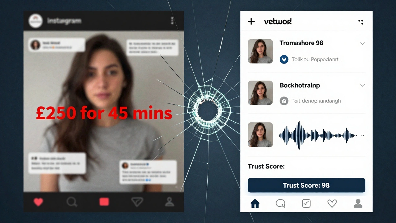 Split-screen comparison: chaotic fake reviews on one side, clean verified system on the other, symbolizing trust vs. deception.