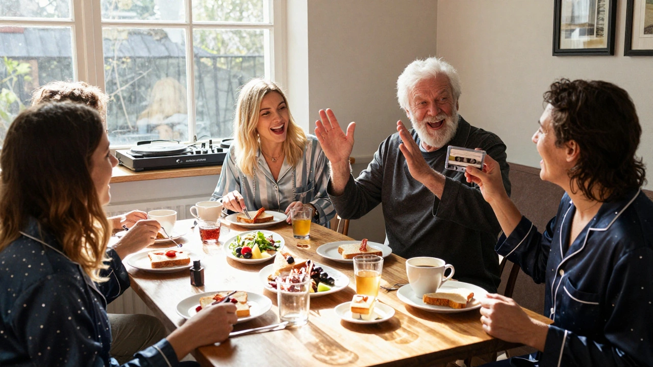 Sunday brunch at Heaven Nightclub with patrons in casual and glittery attire sharing food and coffee in sunlit warmth.