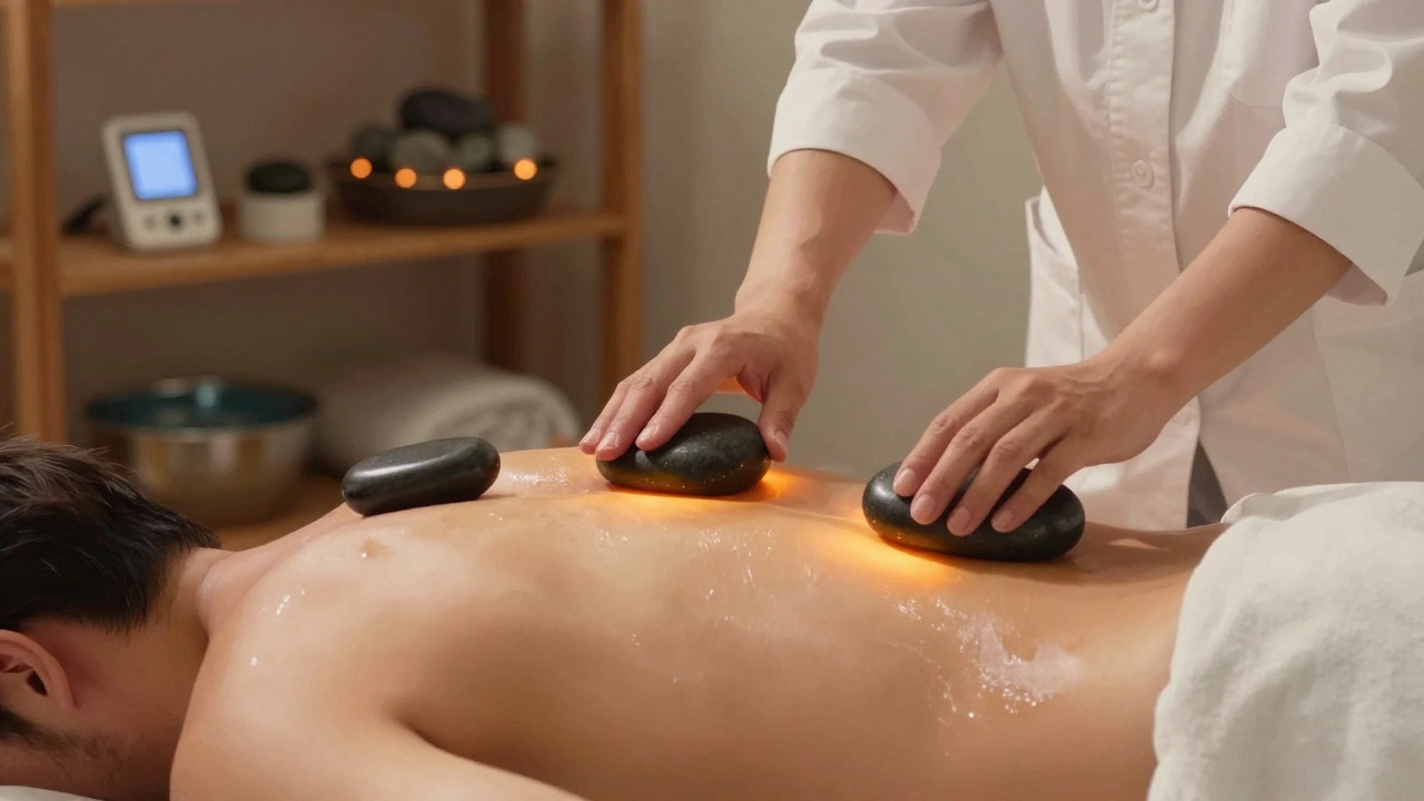 Therapist’s hands gliding heated stones over a man’s lower back, with stone-heating bath and thermometer visible in blurred background.