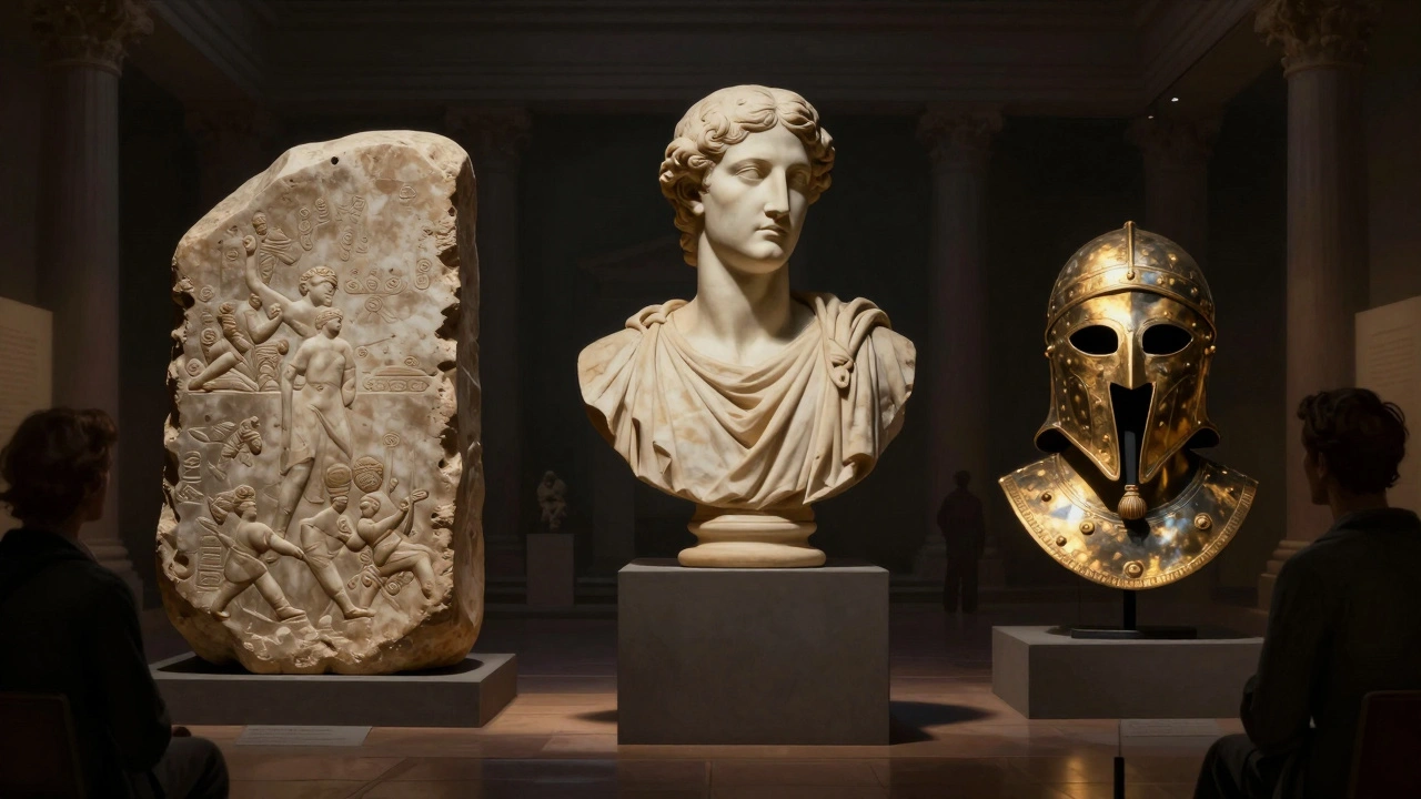 Three iconic artifacts—Rosetta Stone, Elgin Marbles, and Sutton Hoo Helmet—lit dramatically in a quiet gallery.