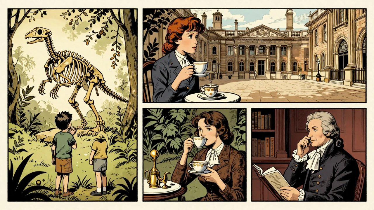 Three quiet museum moments: a child at a zoology exhibit, someone drinking tea in a historic courtyard, and a listener in a peaceful garden.