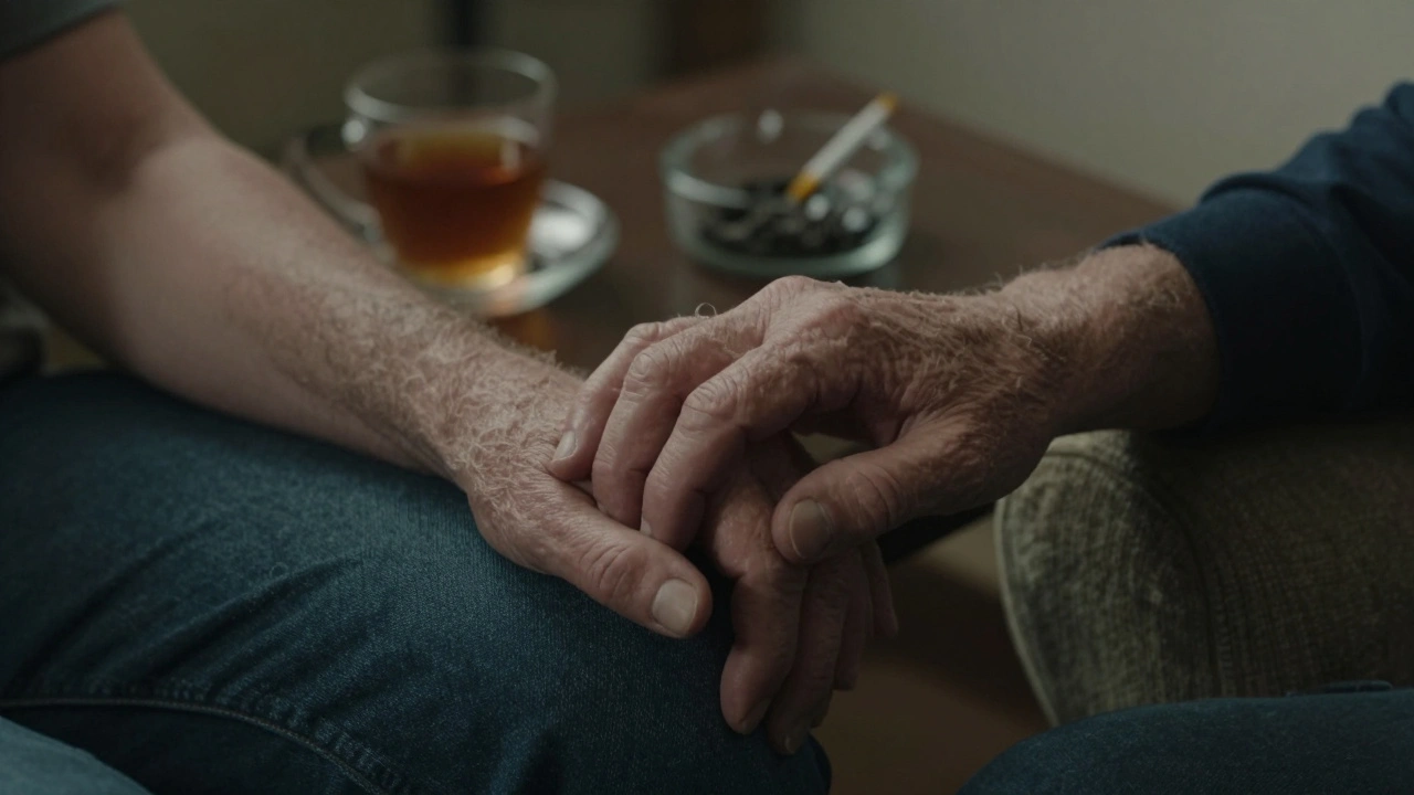 Two hands gently clasped in quiet intimacy, one aged and steady, the other trembling, in a peaceful, dimly lit room.