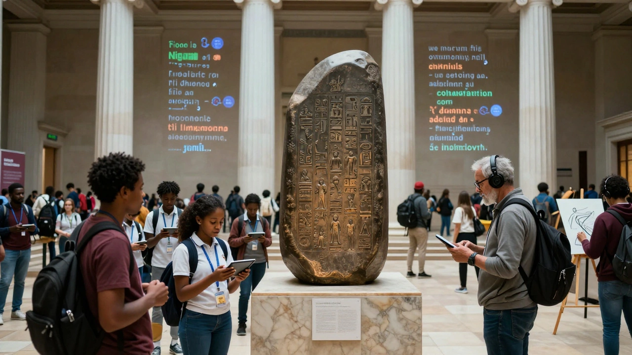 Visitors at the British Museum interacting with digital projections of voices from global communities beside the Rosetta Stone.